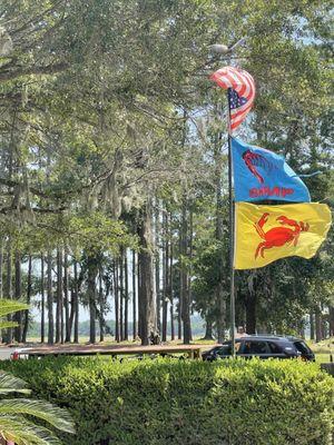 Flags, which can be seen from the road, when approaching this delicious place.