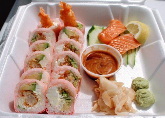 Pink Roll and 2 Pieces Salmon Sashimi