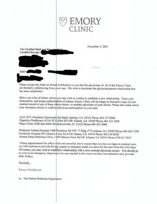 Global termination letter that doesn't even have all of the departments I see. Nor did I get a letter from all of my doctors.