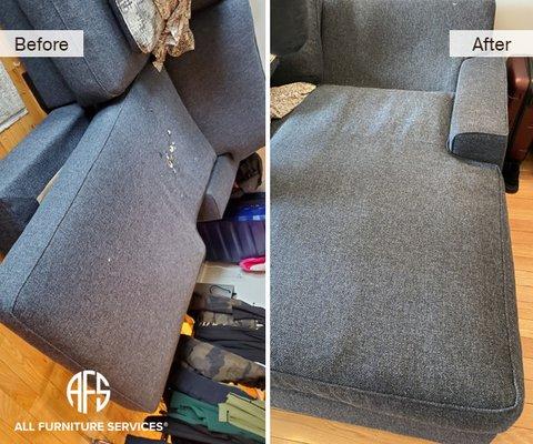 furniture chaise seat cushion tear burn repair, replace top bottom material, stitch add padding nyc