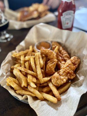 Battered Chicken and Fries.