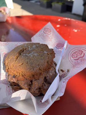 Chocolate Peanut Butter Ice cream with one Chocolate Cookie and one Peanut Butter cookie! AMAZING