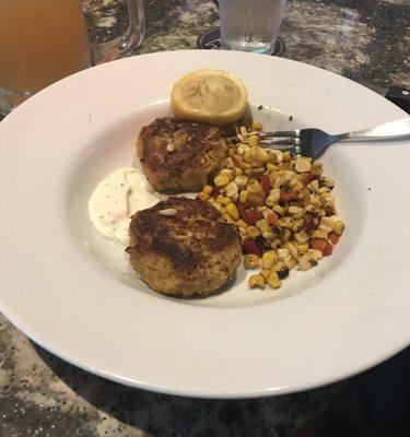 Crab cakes and real tasty corn with a little zip.