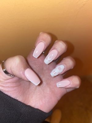 light pink acrylic nails with white tips, flame and checkerboard