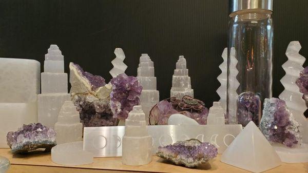 Selenite towers and Amethyst Geodes.