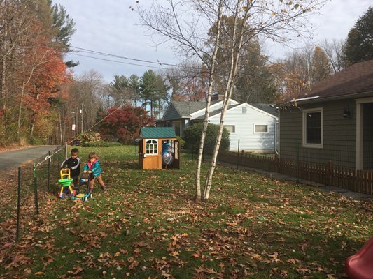 Playing outside in the fenced in yard!