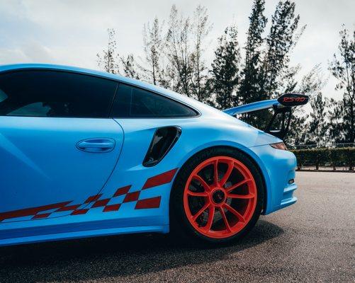 Porsche gt3rs full customization from full wrap, powder coated rims, custom decals, window tint  and more.