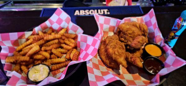 Fries and chicken strips.