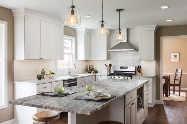 Painted Shaker style kitchen cabinets designed by a kitchen and bath designer at The Woodsmiths in Kalamazoo, MI.