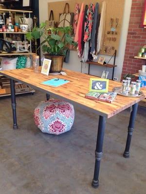 Love everything locally handmade?  This gorgeous butcher block table and fabric pouf are just that. Custom-made poufs handmade here!