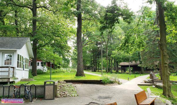 Looking up to the cabins and homes from the dining hall