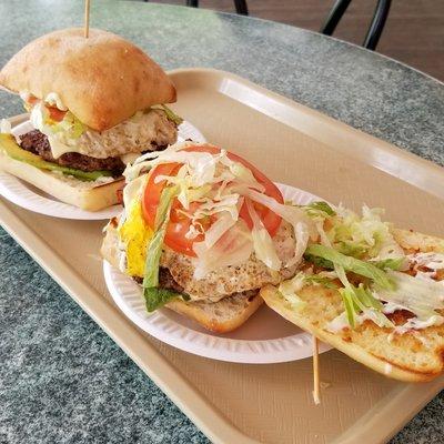 Hiker Burger: One third pound patty, bacon, avocado, lettuce, tomato, double cheese, fried egg.