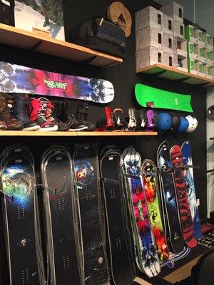 Snowboards, helmets, and bindings.