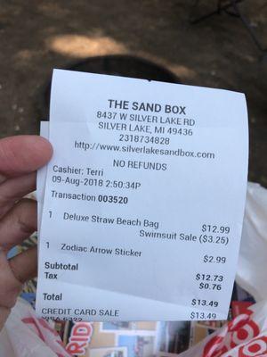 Store info, and my purchases. I got a great straw bag 25% off and our souvenir sticker for our travel trailer