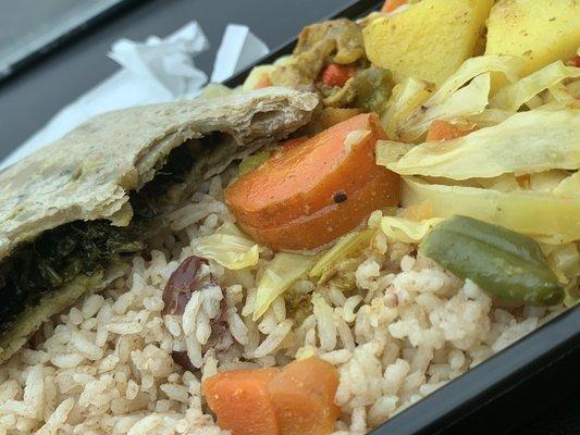 Spinach Patty, Rice and Peas, Cabbage