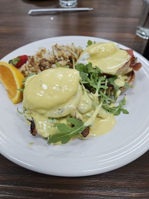 Lacey's  BLT Eggs Benedict with hash browns