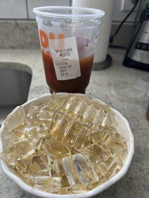 Look at cup order less ice recovered a bowl full and no flavor shots they charged me for