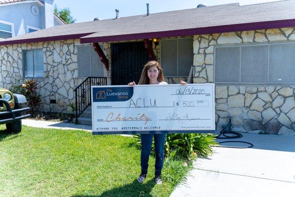 Our client Jasmin her first home. We donated $500 to ACLU with a portion of our proceeds.