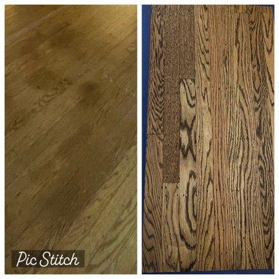 Left is 30 years old; dark spots remained after sanding.  Right side is after new stain and refinishing.  This is red oak