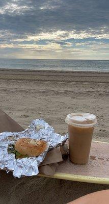 Everything bagel with egg cheese and avocado & a iced oatmilk late!