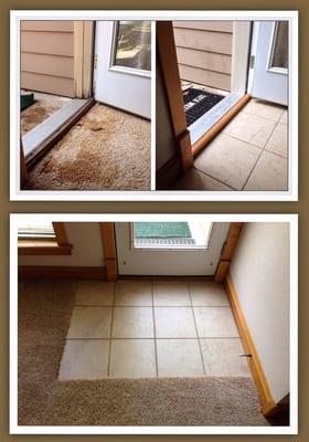 Repaired damaged door frame, and threshold. Replaced water stained carpet with tile entry/landing.