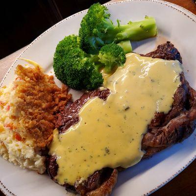 From the Butcher's Block - Ribeye with Bearnaise, Broccoli, and Mashed Potatoes Au Gratin