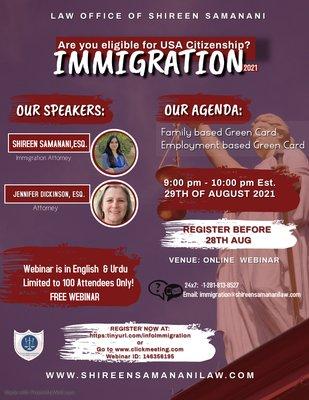 Free Immigration Webinar on August, 29 2021 @ 9:00pm EST. Join us!!