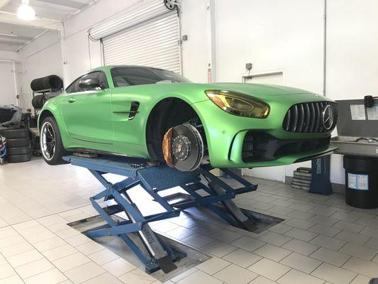 This incredible 2018 Mercedes Benz AMG GT R Coupe' is in for tires after a weekend at the track