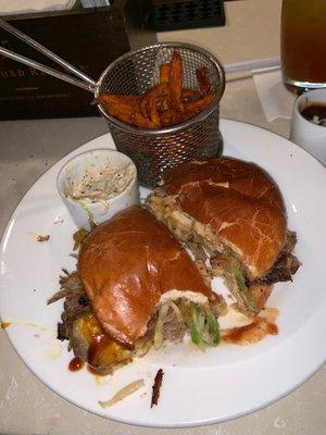 Pulled pork sandwich with sweet potato fries