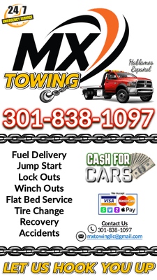 Services:
Fuel Delivery
Jump Start
Lock Outs
Winch Outs
Flat Bed Service
Tire Change
Recovery
Accidents