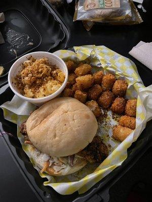 Classic Hot Chicken Sandwich, Creamy Mac and Cheese, and Tater Tots