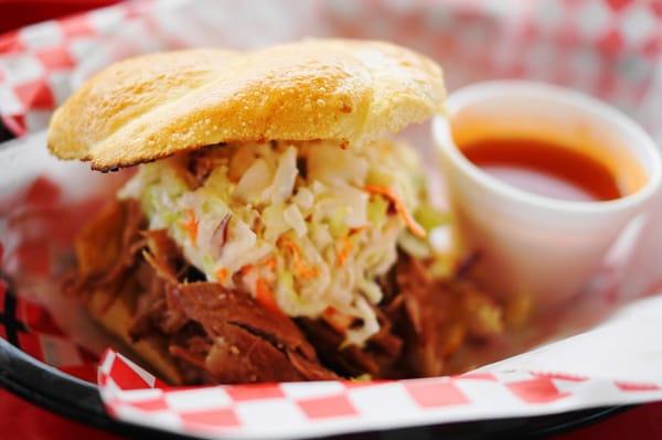 Pulled Pork Stack with Creamy Cole Slaw and East Carolina Vinegar Sauce