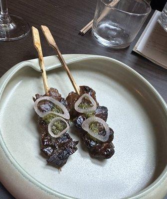 wagyu yaki: pickled shallot, curry chimichurri (Off the Happy Hour Menu)