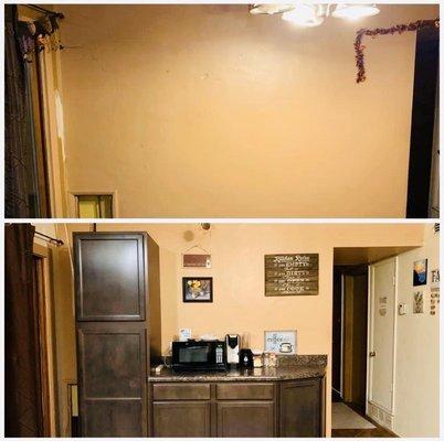 Before & After kitchen wall.  Completely empty before.  Installed a food pantry, cabinets and a counter top.