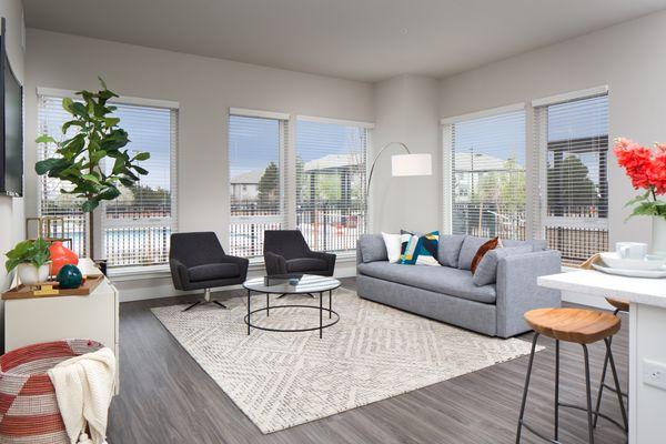 Living space with pool views.