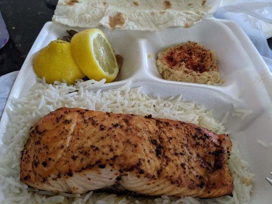 Salmon plate with hummus and mushroom