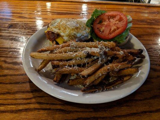 The Wake-n-Bacon Burger with handcut garlic parmesan fries!