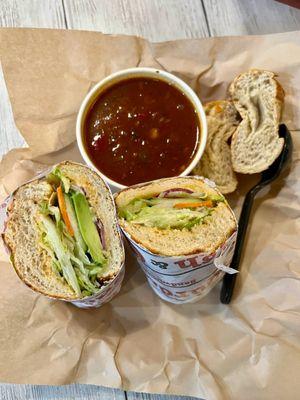 Veggie sandwich and roasted veggie soup in a cup