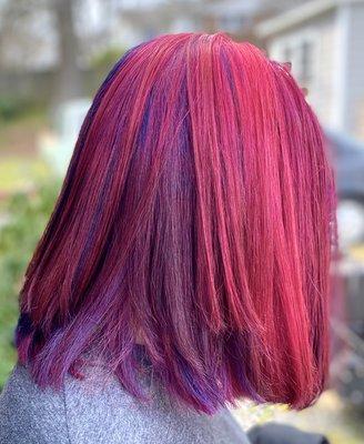 From back and red to pink and purple Long process, great results! Austell Studio