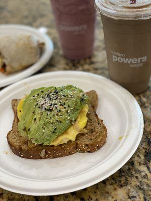 Avo toast with egg and the PB & B vegan smoothie