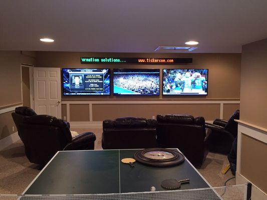 Three 70" LED TV'S installed with a live feed sports ticker above.