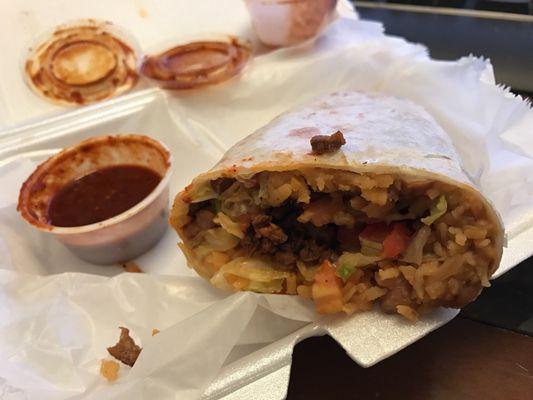 Carne asada burrito with salsa roja. Closest thing to a burrito from San Diego while you're in Indy