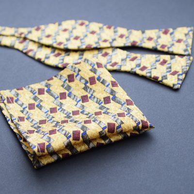 Handmade silk pocket square and bowtie.