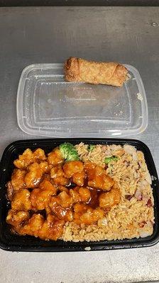 General Tso's Chicken, fried rice, and pork egg roll.