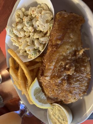 Fish fry with French fries and macaroni salad