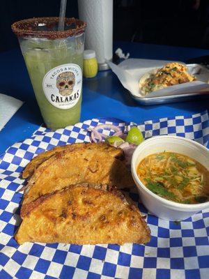 Quesatacos and a pepino con limón agua fresca