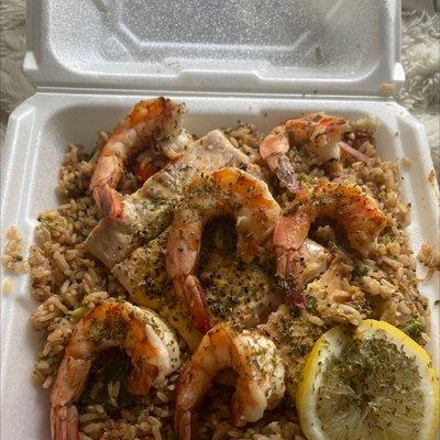 The Shrimp and Salmon Over rice Platter