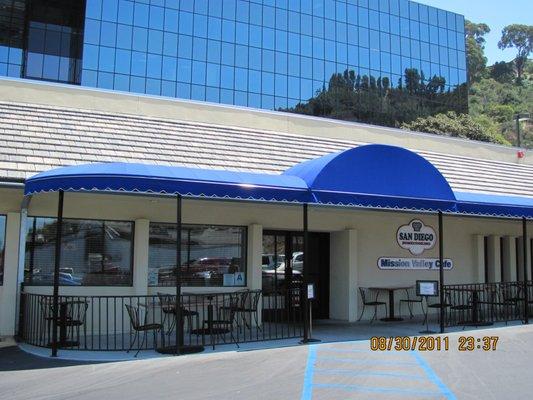 Blue Custom Canvas Commercial Awning for a Restaurant