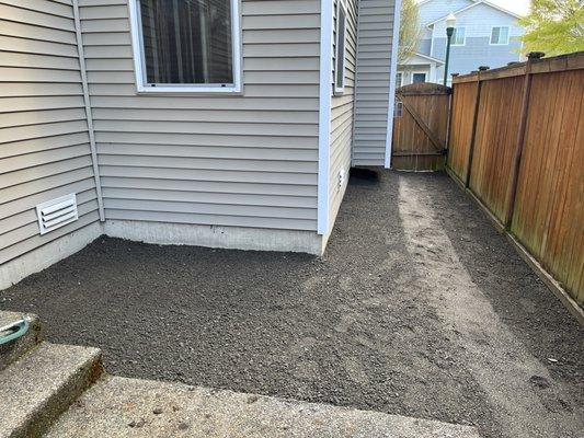 Cleaned weeds and grass and replaced and leveled with gravel