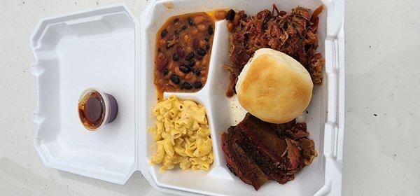 Brisket, baked beans, Mac & cheese, roll and pulled pork all for $17.00.